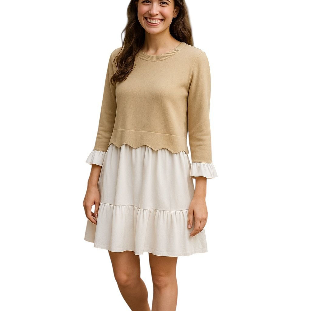 Linen Sweater Dress S Beige White Preppy Academia Soft Girl Minimalist Neutral